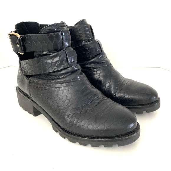 Miista Croc Embossed Ankle Boot Black Leather Round Toe Gold Buckle 37 6.5 - Picture 2 of 9